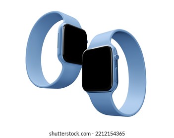 Apple Smart Watch Mockup. New Apple Smart Watch Black Display Screen With Blue Wrist Band. Smart Fitness Digital Clock. 3d Rendered Illustration.