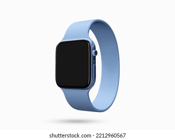 Apple Smart Watch Mockup. New Apple Smart Watch Black Display Screen With Blue Wrist Band. Smart Fitness Digital Clock. 3d Rendered Illustration.