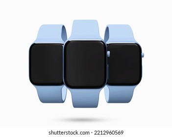 Apple Smart Watch Mockup. New Apple Smart Watch Black Display Screen With Blue Wrist Band. Smart Fitness Digital Clock. 3d Rendered Illustration.