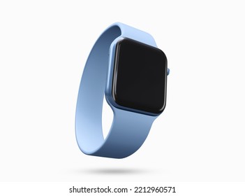 Apple Smart Watch Mockup. New Apple Smart Watch Black Display Screen With Blue Wrist Band. Smart Fitness Digital Clock. 3d Rendered Illustration.