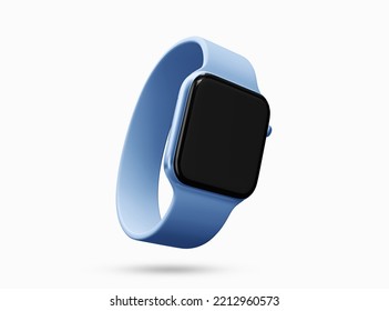 Apple Smart Watch Mockup. New Apple Smart Watch Black Display Screen With Blue Wrist Band. Smart Fitness Digital Clock. 3d Rendered Illustration.