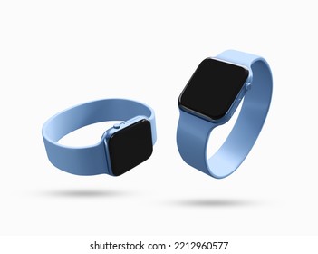 Apple Smart Watch Mockup. New Apple Smart Watch Black Display Screen With Blue Wrist Band. Smart Fitness Digital Clock. 3d Rendered Illustration.