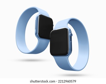 Apple Smart Watch Mockup. New Apple Smart Watch Black Display Screen With Blue Wrist Band. Smart Fitness Digital Clock. 3d Rendered Illustration.