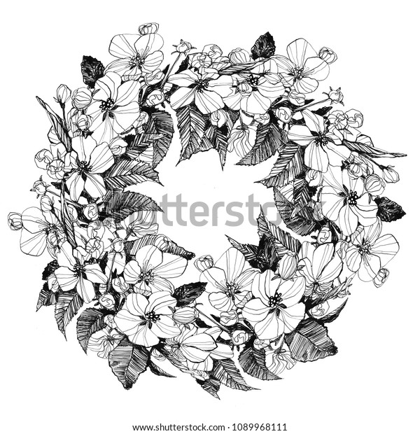 Apple tree blossoms wreath hand drawn ink illustration. Postcard, print