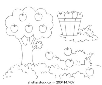 Apple Tree And A Bushel Full Of Fruit, Easy Coloring Page. Big Shapes For Little Kids. You Can Print It On Standard 8.5x11 Inch Paper