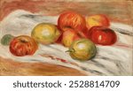 Apples, Orange, and Lemon (1911) by Pierre-Auguste Renoir. Vintage Apples, Orange, and Lemon still life oil painting art illustration, fruit painting, old Pierre-Auguste Renoir