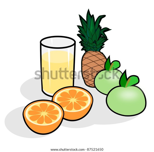 Apples,\
oranges, pineapple and  a glass of\
juice.