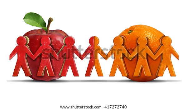 3dイラストスタイルで 人のアイコンの形をした2つのグループに対する寛容と友好のシンボルとして リンゴとオレンジが一緒になり 3dイラスト スタイルで多様なチームになります のイラスト素材