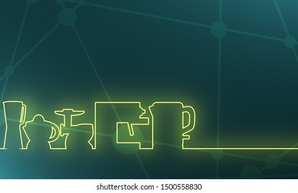 Appliances Icons. Domestic Electric Machines. Thin Line Style Web Banner. 3D Rendering. Neon Bulb Illumination