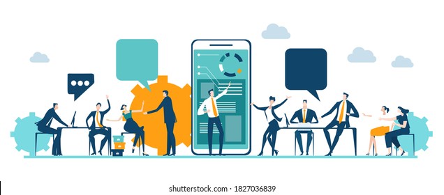 Application  developing team works. Workspace with business people sitting by desk, working together, discussing, negotiating the deal, solving problems. Contemporary management concept business.  