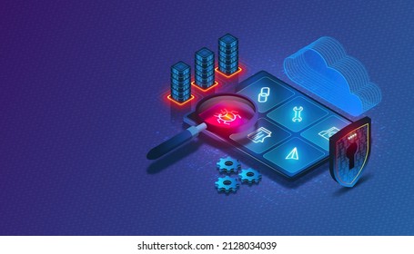 Application Security Testing Concept with Digital Magnifying Glass Scanning Applications to Detect Vulnerabilities - AST - Process of Making Apps Resistant to Security Threats - 3D Illustration