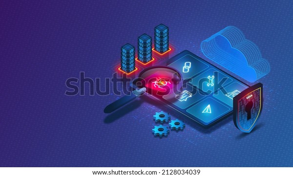 Application Security Testing Concept with\
Digital Magnifying Glass Scanning Applications to Detect\
Vulnerabilities - AST - Process of Making Apps Resistant to\
Security Threats - 3D\
Illustration