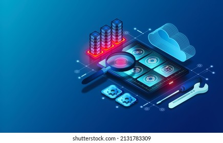 Application Testing Services Concept - Tools and Methods to Test Applications Before Deployment - Virtual Magnifying Glass Scanning Apps for Quality Control and Assurance - 3D Illustration