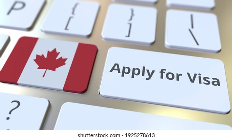 Apply for visa text and flag of canada on the buttons on the computer keyboard. conceptual  3D rendering