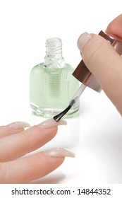 Applying Top Coat On Nails,isolated, With Clipping Path, Over White