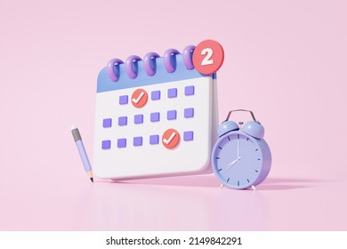 Appointment agenda calendar icon symbol and alarm clock minimal cartoon minimal style design. correct mark Day month year time concept on pink background. website banner. 3d rendering - Powered by Shutterstock