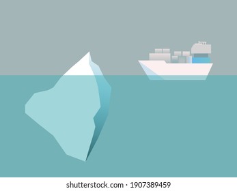 Approaching Danger. The Ship Sails On An Iceberg. Shipwreck. The Metaphor Of The Hidden Threat. A Cargo Ship Is Sailing By An Iceberg. The Metaphor Of The Collapse Of Plans And Hopes.