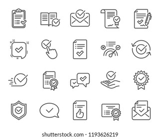 Approve line icons. Set of Check List, Certificate and Award medal linear icons. Certified document, Accepted approve and Confirm mail symbols. Guarantee, Check mark and Correct agreement signs - Powered by Shutterstock