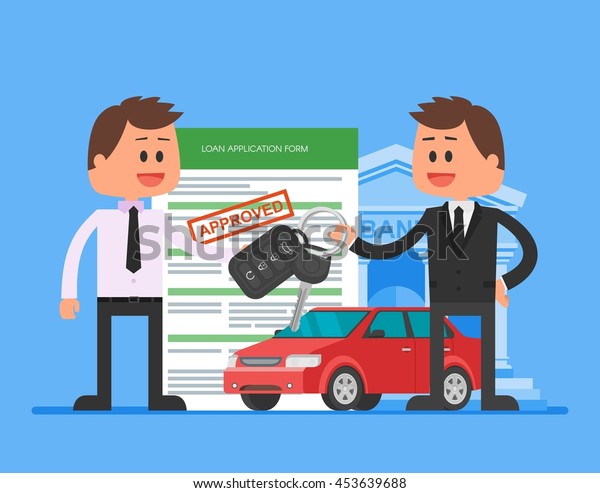 Approved car loan illustration.\
Buying car concept. Dealer hand over car keys to happy\
customer.