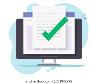 Approved Confirmed Document File Check Online On Desktop Computer Or Pc Quality Control Of Text Writing And Creating Icon Flat, Concept Of Digital Accepted Or Certified License Paper Form Image