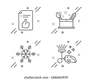 Approved document, Creativity concept and Air conditioning line icons set. Vacuum cleaner sign. Like symbol, Graphic art, Snowflake. Vacuum-clean. Technology set.