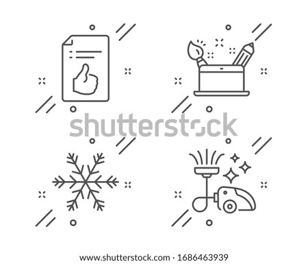 Approved document, Creativity concept and Air conditioning line icons set. Vacuum cleaner sign. Like symbol, Graphic art, Snowflake. Vacuum-clean. Technology set.