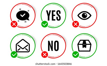 Approved, Eye And Mail Icons Simple Set. Yes No Check Box. Package Box Sign. Chat Message, View Or Vision, E-mail. Delivery Goods. Technology Set. Approved Icon. Check Mark.