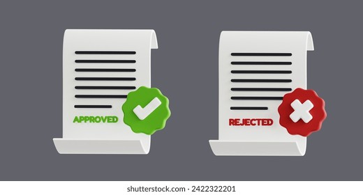 Approved and rejected document icon 3d . document of Clipboard with Approved and rejected document , Reject document on isolated on gray background . 3d Rendering