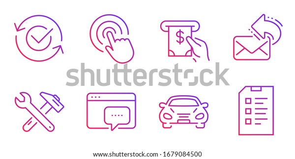 Approved,\
Share mail and Car line icons set. Atm service, Click and Seo\
message signs. Spanner tool, Checklist symbols. Refresh symbol, New\
e-mail. Technology set. Gradient approved\
icon.