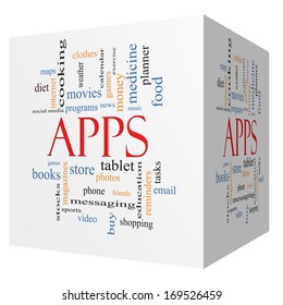 Apps 3D Cube Word Cloud Concept with great terms such as games, videos, tablets, music and more.