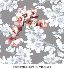 Apricot flowers branch on white grey background seamless pattern for all prints on hand painting style.