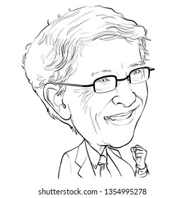 April 1 , 2019 Caricature of William Henry Gates III, Bill Gates is an American business magnate, investor, author, philanthropist, and humanitarian, Portrait Drawing Illustration.