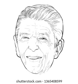 April 10, 2019 Caricature Of Former President Of The United States Ronald Wilson Reagan An Portrait Drawing Illustration.