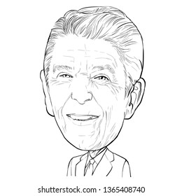 April 10, 2019 Caricature Of Former President Of The United States Ronald Wilson Reagan An Portrait Drawing Illustration.