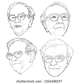 April 2, 2019 Caricature of Warren Edward Buffett, Warren Buffett, Investor , Businessman Millionaire Portrait Drawing Illustration.
