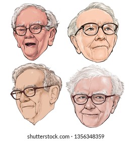 April 2, 2019 Caricature of Warren Edward Buffett, Warren Buffett, Investor , Businessman Millionaire Portrait Drawing Illustration.