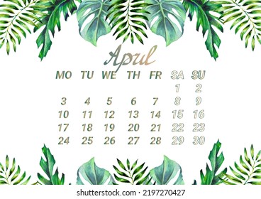 April: 2023 Calendar Template with Exotic Tropical Leaves. Calendar page for 2023 with a horizontal frame of watercolor  leaves. Tropical hand-drawn decorative Botanical elements, diary page design. - Powered by Shutterstock