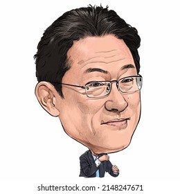 April 22, 2022 Caricature Of Japan Prime Minister Fumio Kishida An Portrait Drawing Illustration. 