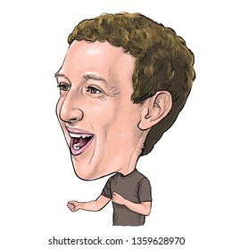 April 5, 2019 Caricature of Mark Elliot Zuckerberg Facebook Portrait Drawing Illustration.