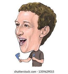 April 5, 2019 Caricature Of Mark Elliot Zuckerberg Facebook Portrait Drawing Illustration.