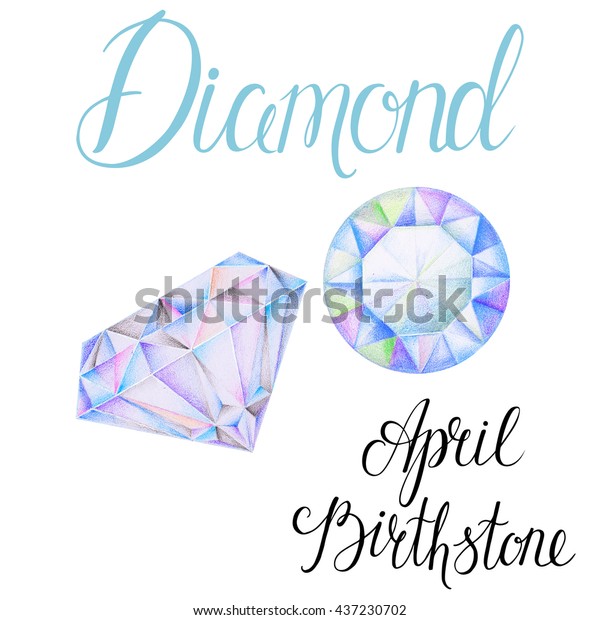 白い背景に4月の誕生石のダイヤモンド 色鉛筆で手描きの宝石の接写イラスト リアルな切り子面石 のイラスト素材