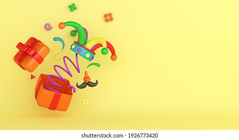 April fools day decoration background with gift box, jester hat, nose and mustache, copy space text, 3D rendering illustration - Powered by Shutterstock