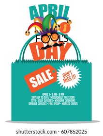 April Fools Day Sale Jester Hat, Silly Glasses And Mustache Marketing Template With Copy Space.