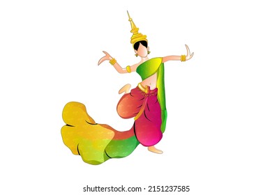 Apsara dancing over white background, Apsara flat drawing with colorful, Cambodia, Illustration