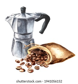 Aqua Bialetti coffee maker and coffee beans. Watercolor hand drawn illustration, isolated on white background