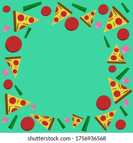 Aquamarine background with pizza slices, pepperoni, green bell pepper and ham. Empty center to write. Commercial illustration. - Powered by Shutterstock