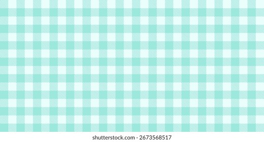 Aquamarine gingham checkered pattern background. Seamless pastel blue plaid design. Soft and sweet vintage aesthetic. Blue white gingham check tablecloth picnic style traditional.
