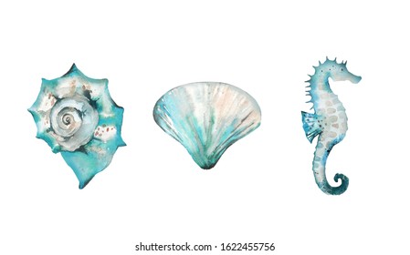 Aquamarine Sea Creature Set. Ocean Summer Design For Card, Postcard, Wedding Invitation, Greeting. Seashells And Seahorse. Watercolour Illustration On White Background.