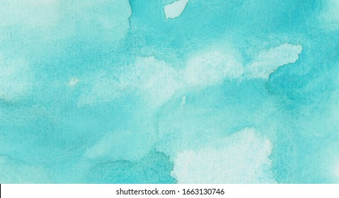 Aquarelle painted textured canvas for vintage design, invitation card. Light turquoise color watercolor illustration, creative background, smeared sky blue shades frame