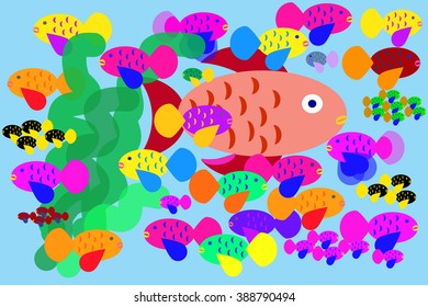 An Aquarium Crowded Of Too Many Colored Fishes With A Big Goldfish And Many Little Tropical Fish